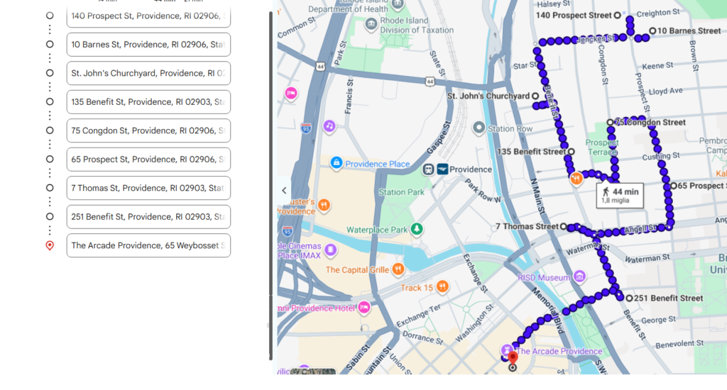 Mappa itinerario a Providence sui luoghi di Lovecraft